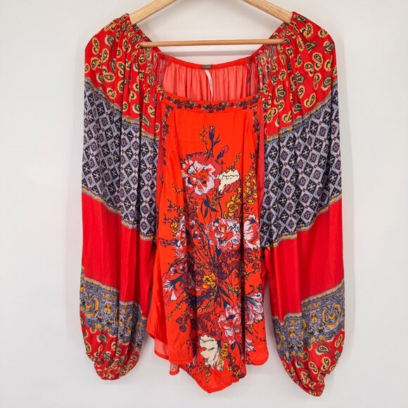 Free People  Positano Orange Patchwork Print Blouse size extra small oversized - Picture 7 of 14